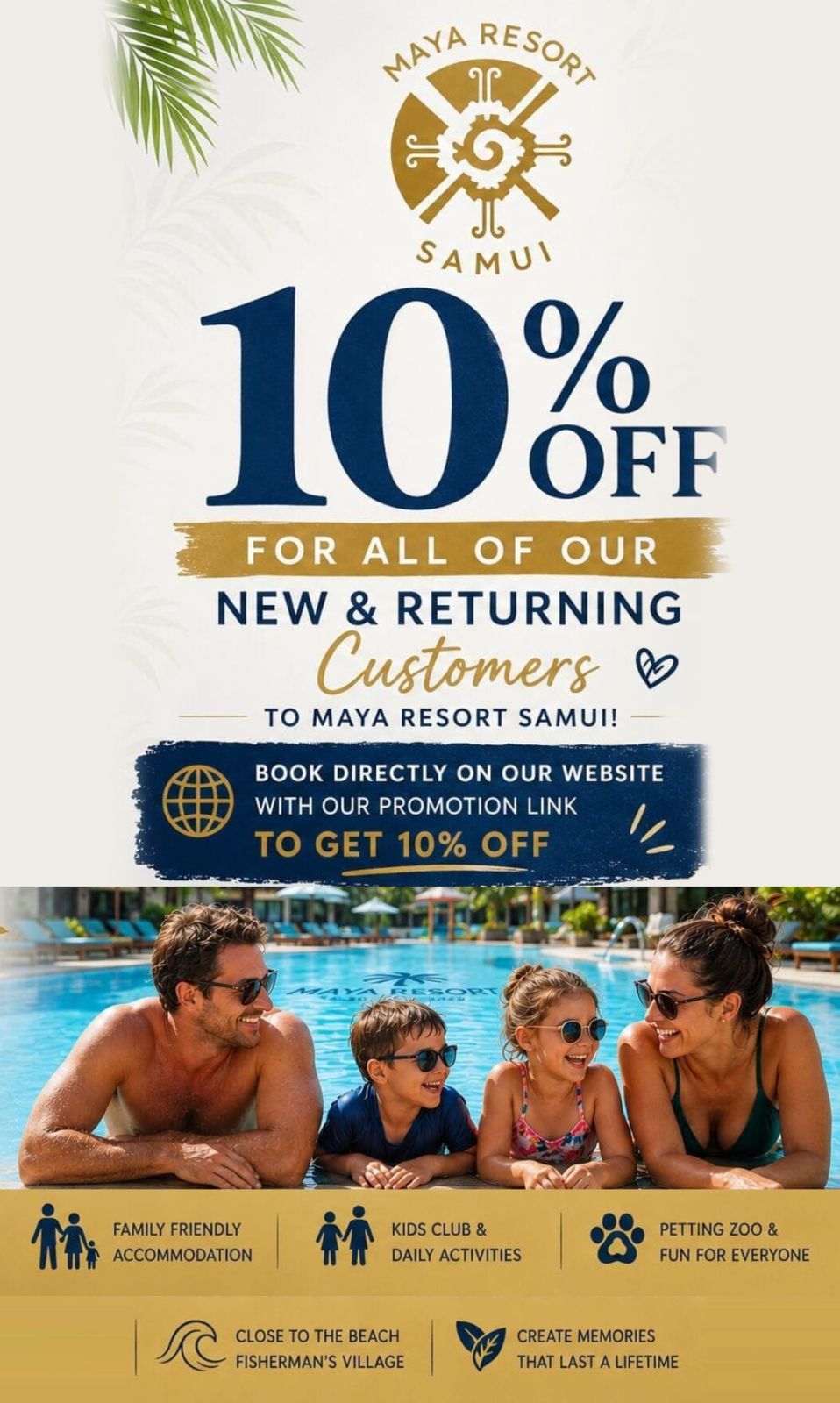 10% kedvezmény közvetlen foglalásra a Maya Resort Samuin – család pihen a medence szélén, fölötte az ajánlat: 10% kedvezmény új és visszatérő vendégeknek, akik a promóciós linken keresztül foglalnak