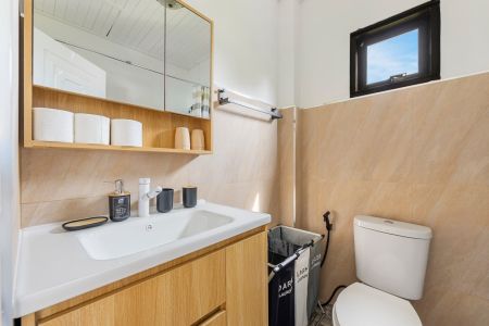 Garden Villa bathroom with washbasin, mirrored cabinet and toilet.